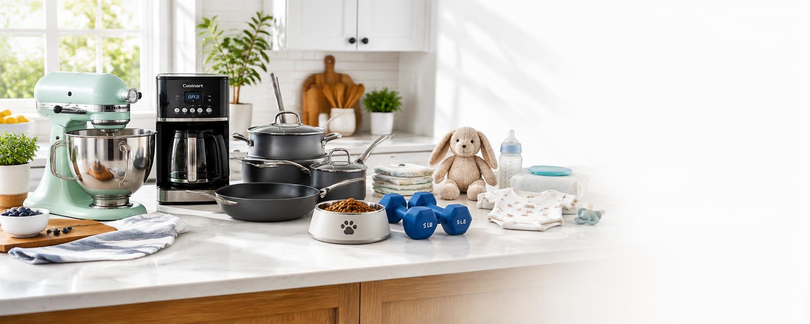 Kitchen, pet, fitness and baby products on a counter
